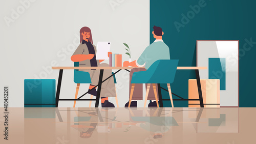 businesspeople working and communicationg in creative coworking center teamwork concept modern office interior horizontal full length vector illustration