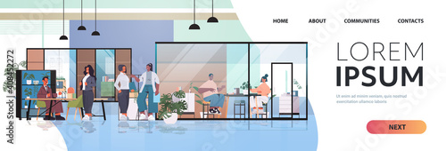 mix race businesspeople working and talking together in coworking center business meeting teamwork concept modern office interior horizontal full length copy space vector illustration © mast3r