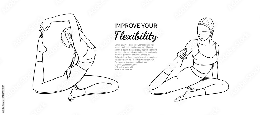 Straetching women with text block for banner or brochure. Flexibility improving yoga poses. Hand drawn sketch vector illustration isolated on white background Straetching women with text block for banner or brochure. Flexibility improving yoga poses. Hand drawn sketch vector illustration isolated on white background