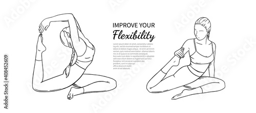 Straetching women with text block for banner or brochure. Flexibility improving yoga poses. Hand drawn sketch vector illustration isolated on white background