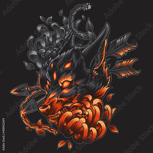 wild wolf head with neon color and flower