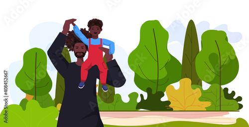 african american father playing with little son parenting fatherhood concept dad spending time with his kid family walking in park landscape background portrait horizontal vector illustration