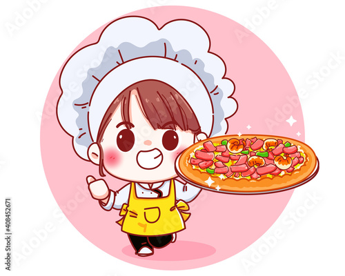 Cute Chef holding a pizza cartoon illustration Premium Vector