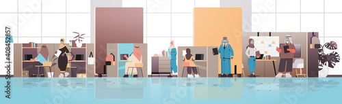 arabic businesspeople in masks working together in creative coworking center coronavirus pandemic teamwork concept modern office interior horizontal full length vector illustration