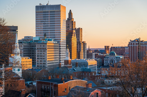 city skyline at sunset