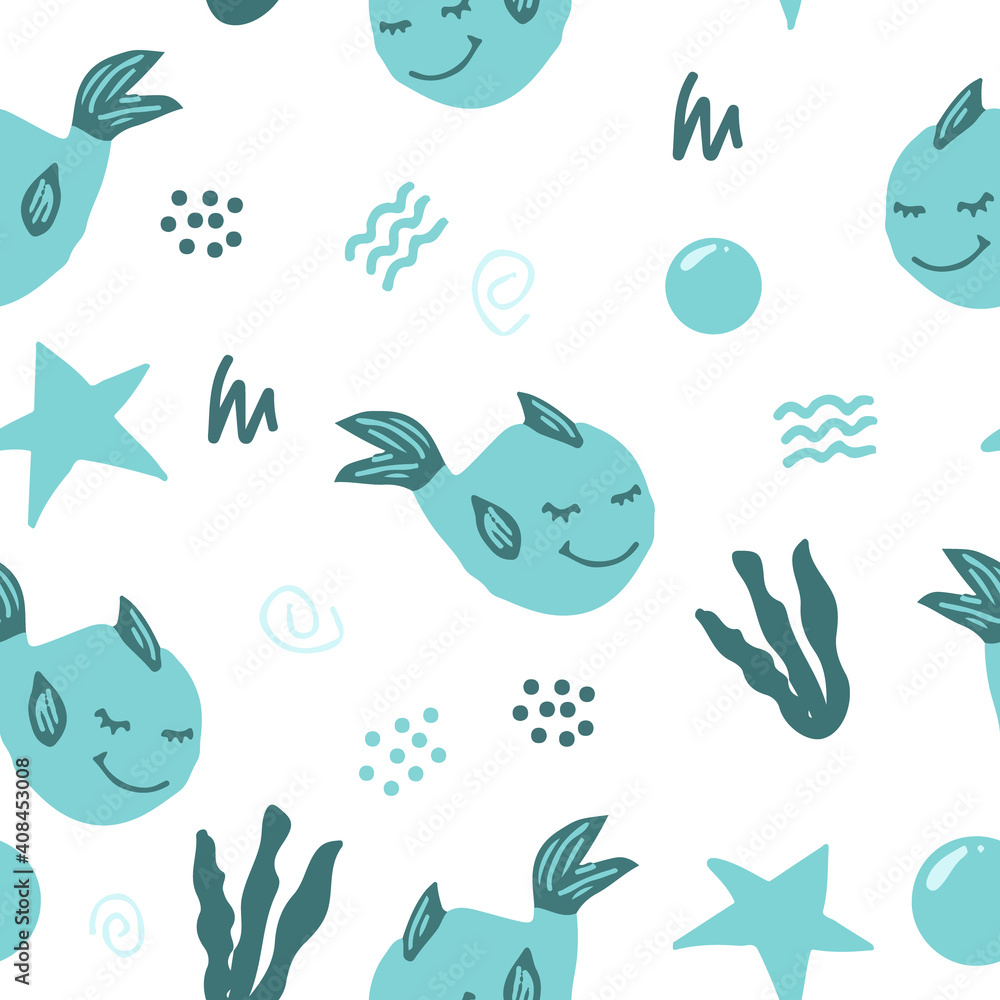 Fototapeta premium cute fish whale vector seamless pattern with seaweed, stars, doodles. hand drawn. illustration for childrens wallpaper, wrapping paper, textiles. blue, green. marine animal, sea.
