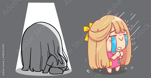 Sad girl crying disappointed cartoon set illustration Premium Vector