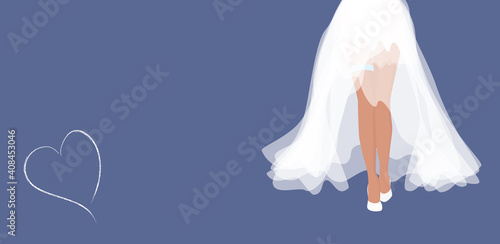 Bride woman in white wedding dress with legs and shoes walking