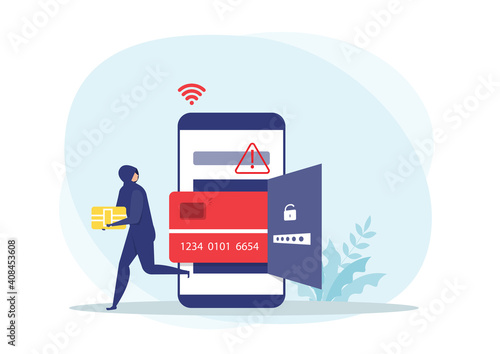 Hacker or Criminal Thief in black steal smart ship from debit or credit card on smart phone data or personal identity concept,