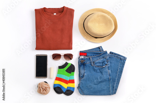Summer female fashion concept. Flat lay, top view clothes and accessories collage for travel.