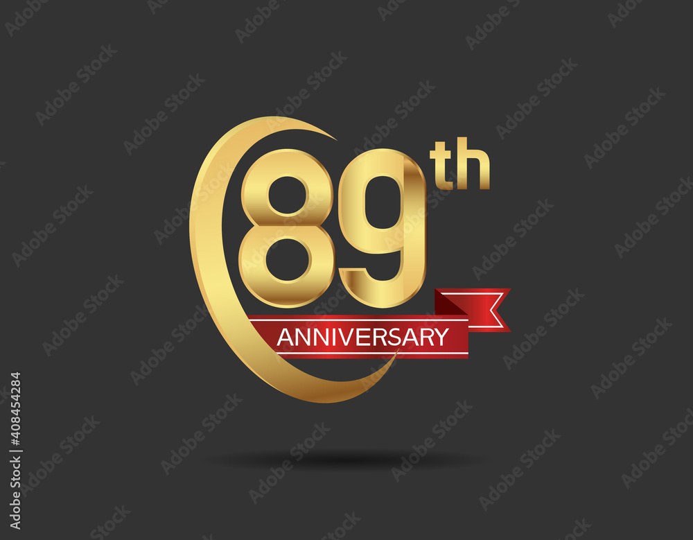 89 years anniversary logo style with swoosh ring golden color and red ribbon isolated on black background for company celebration, greeting, and invitation 89 years anniversary logo style with swoosh ring golden color and red ribbon isolated on black background for company celebration, greeting, and invitation