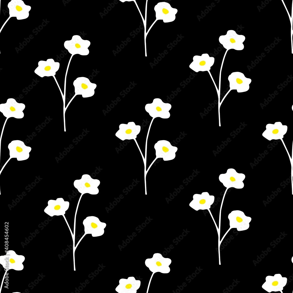 Simple floral rural seamless pattern. Small white flowers against a black background. For prints of fabric, textile products, clothing, packaging.