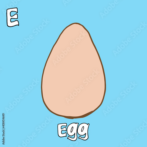 egg vector illustration on blue background. hand drawn vector. E-alphabet, english language for kids. egg-hand drawn lettering. eggshell icon. doodle for education, card, poster. 