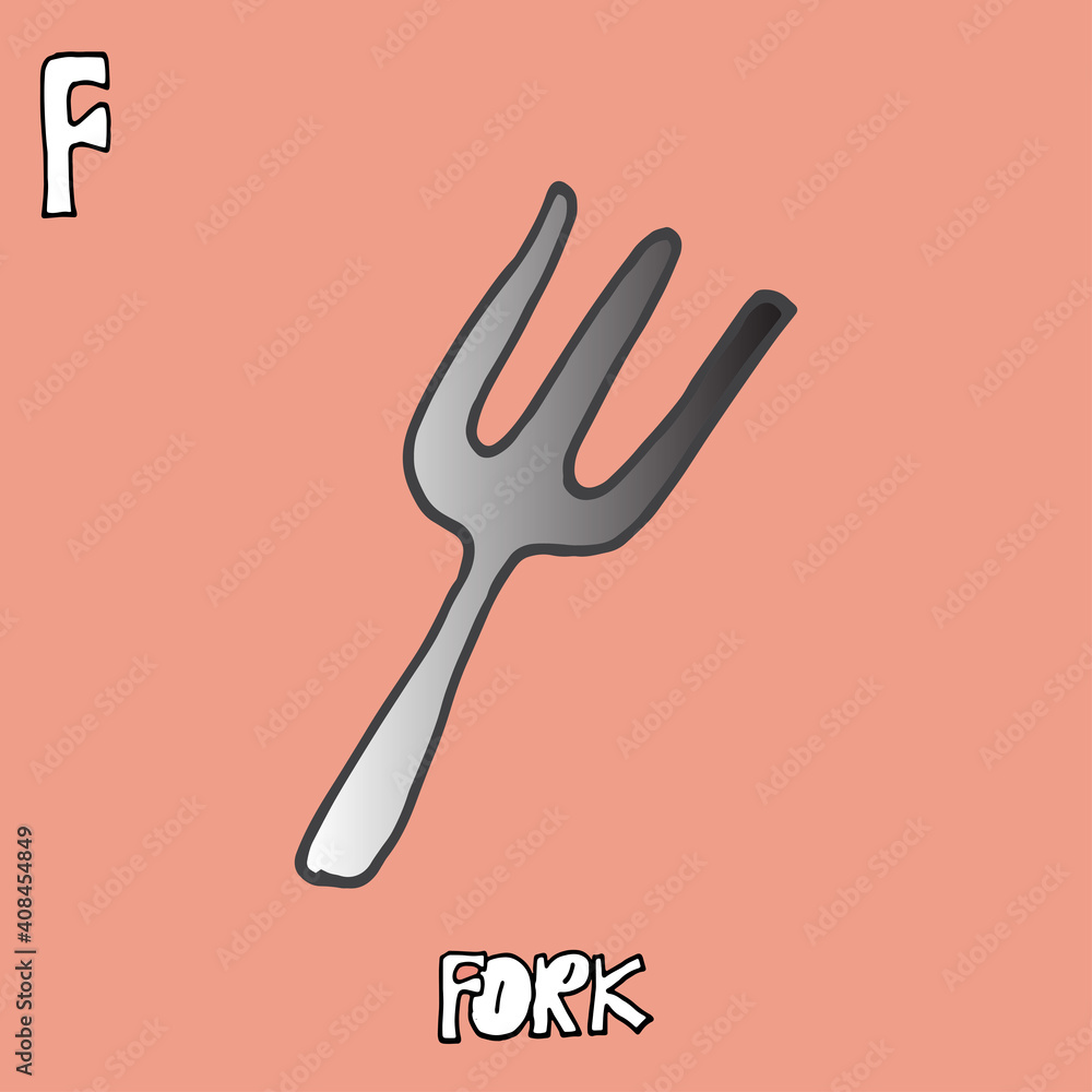 Fototapeta premium fork icon on pink background. hand drawn vector. F-alphabet, english for kids. colorful card design for preschool, kindergarten. fork-hand drawn lettering. doodle for poster, education. 