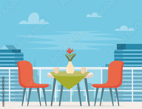 Summer outdoor cafe terrace with table and seats on modern city background. Street restaurant scene in flat design. Romantic dinner table for two. Vector illustration.