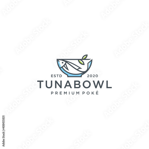 tuna bowl with leaf for poke logo design vector template