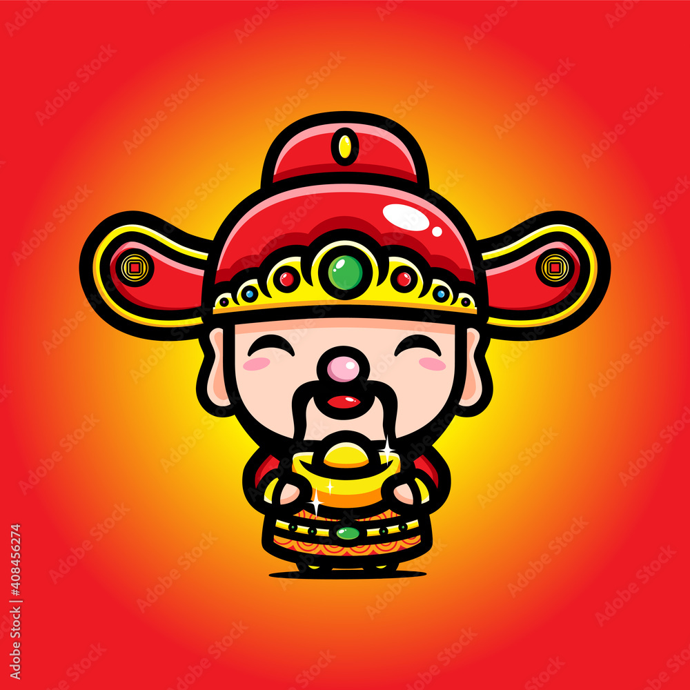 the cute god of wealth / cai shen cartoon character carrying gold the cute god of wealth / cai shen cartoon character carrying gold