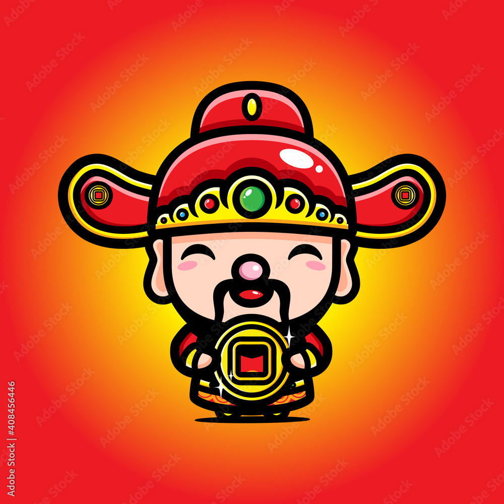 the cute god of wealth / cai shen cartoon character carrying gold
