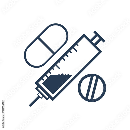 Syringe Icon with capsule and tablet. Medicine Icon.
