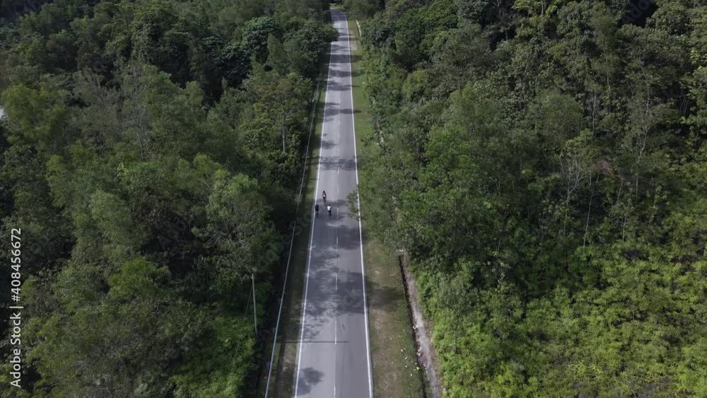 Aerial view at forest straight road with cycling bike in morning, Asia Aerial view at forest straight road with cycling bike in morning, Asia