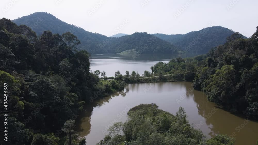 Aerial view at mountain lakeside in morning, Asia Aerial view at mountain lakeside in morning, Asia