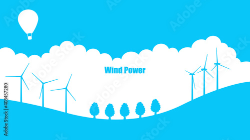 Illustration of wind power generator in nature landscape