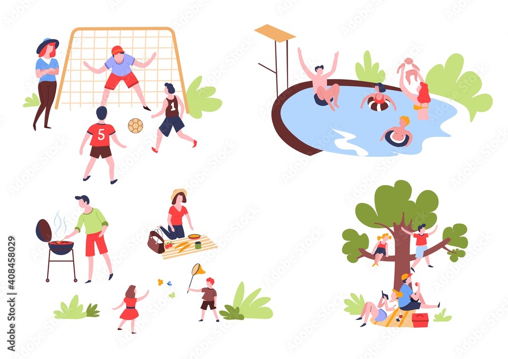 Fototapeta premium Summer outdoor activity and recreation family leisure vector pastime on nature picnic