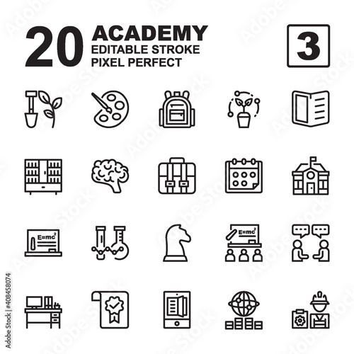 Icon Set of Academy. Outline style icon vector. Contains such of agriculture, class, university, school, chemistry, learning, daring, chalkboard, bookshelf and more. Editable Stroke and Pixel perfect.