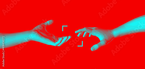 Hands reaching towards each other. Concept of human relation, togetherness or  partnership. 3D vector illustration. Can be used for advertising, marketing or presentation.