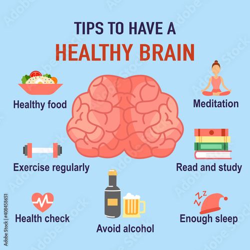 Tips to have a healthy brain infographic. Human brain with useful advice in flat design. Alzheimer’s disease prevention.