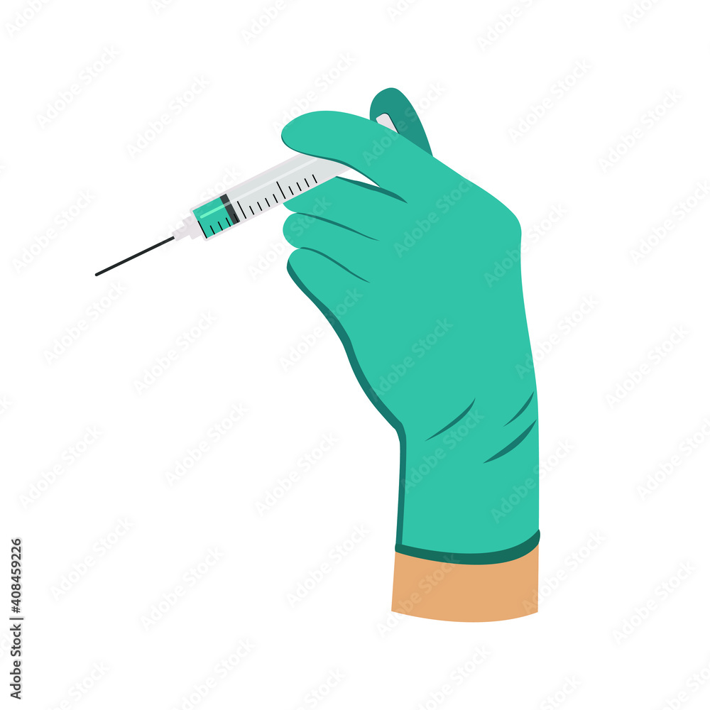 The doctor is holding a syringe. A hand in a medical glove. A shot of a vaccine, an antidote. The concept of medicine and medicines. Flat vector illustration. The doctor is holding a syringe. A hand in a medical glove. A shot of a vaccine, an antidote. The concept of medicine and medicines. Flat vector illustration.