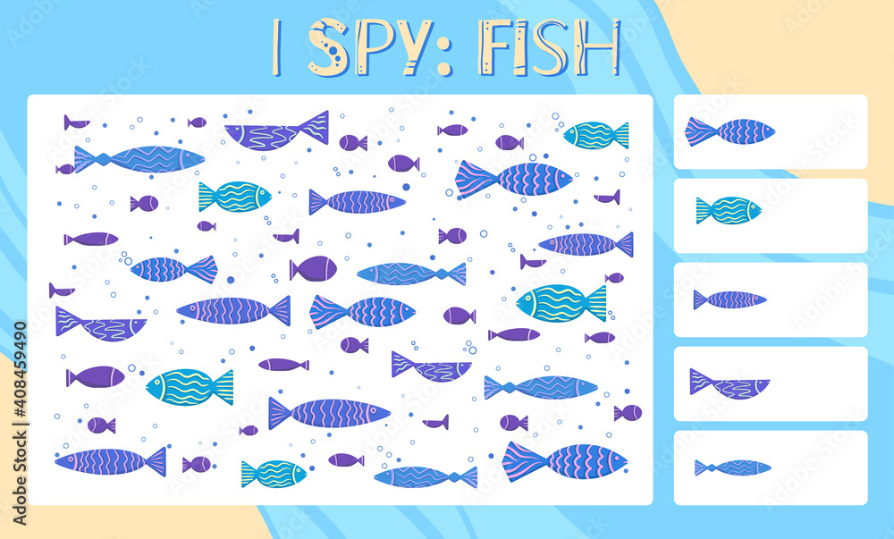 I spy game. Childrens educational fun. Count how many elements. Hand drawn cartoon flat fishes with decoration. Happy fishing. Vector template for preschool games.