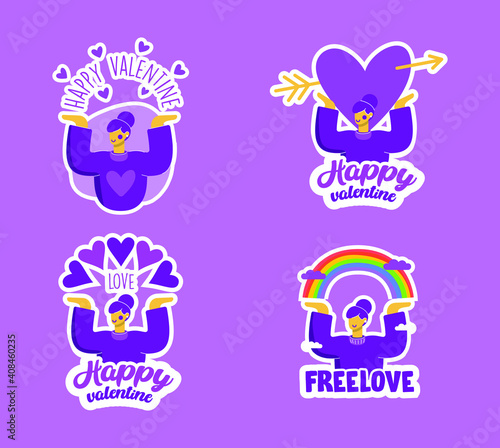 Valentines day girl and heart icon cartoon sticker icon. flat design