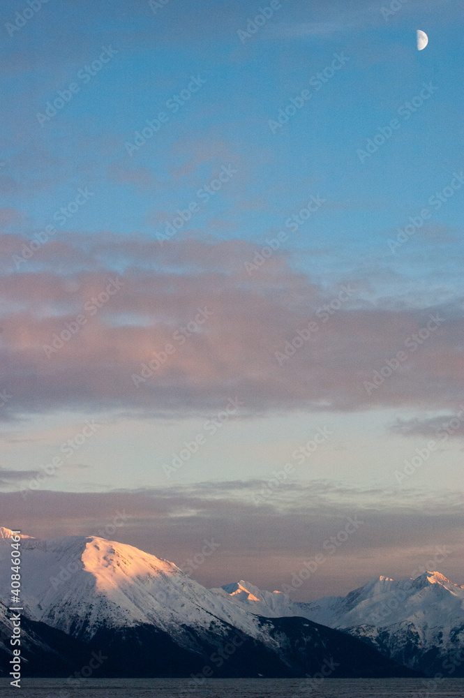 Alaska winter mountains with moon