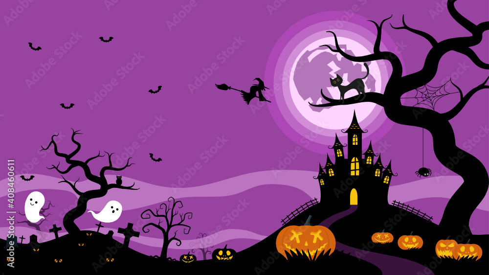 Halloween night background, pumpkins and dark castle. vector illustration.