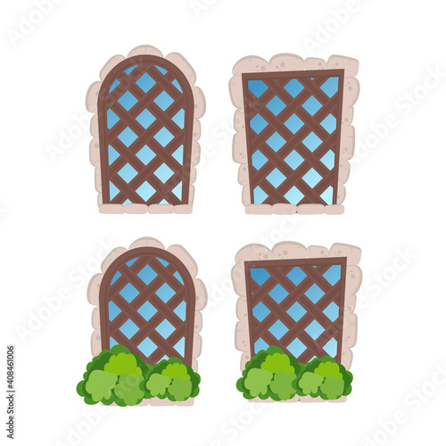 A set of old windows with stone cladding. Wooden lattice on an old window. Isolated. Vector.