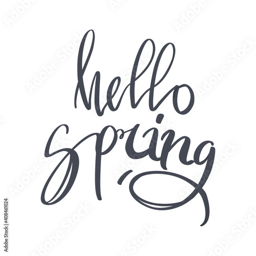 Hand lettering hello spring. Doodle digital art outline. Print for postcard, stationery, social media letter, banner, poster, sale, t-shirt, mug.