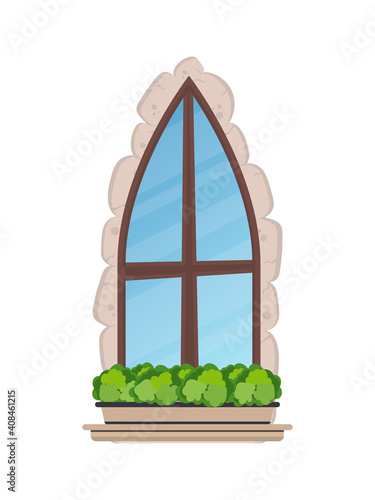 Old window with flowers and stone cladding. Cartoon style. Vector