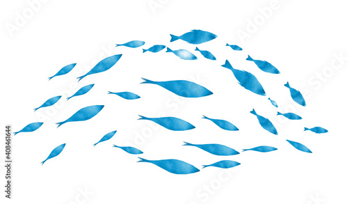 Silhouettes of groups of fishes on white. Watercolor