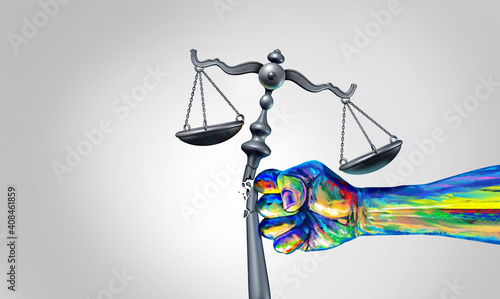 Social change law and society justice concept as a fist representing diversity and a diverse community fighting for changing legislation as a law scale for global equality photo