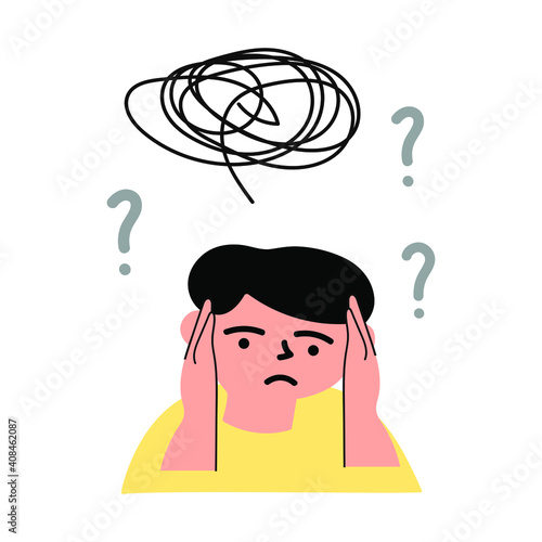 Young boy confused and suffer from stress. Vector illustration on white background.