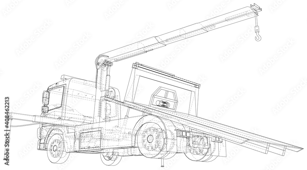 Tow truck. Towing car trucking vehicle transportation towage. Help on road. Wire-frame. The layers of visible and invisible lines are separated. EPS10 format.