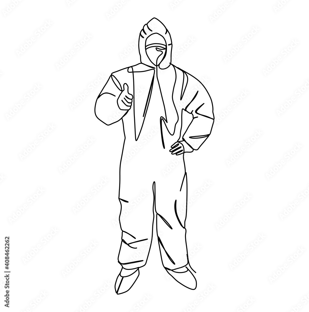 Man in protective cover all suite to prevent from virus infection. Continuous one line drawing Man in protective cover all suite to prevent from virus infection. Continuous one line drawing