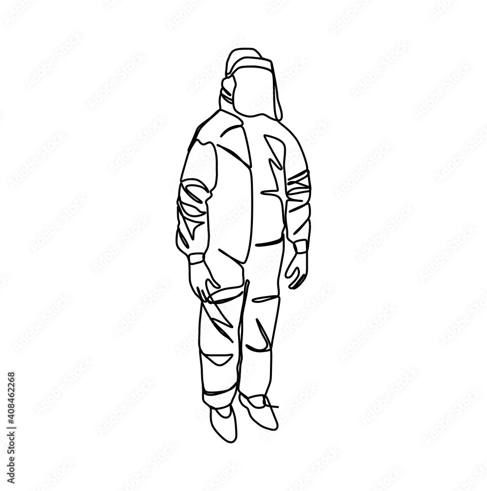 Man in cover all protective suite prevent from virus infection. Continuous one line drawing design for health concept 