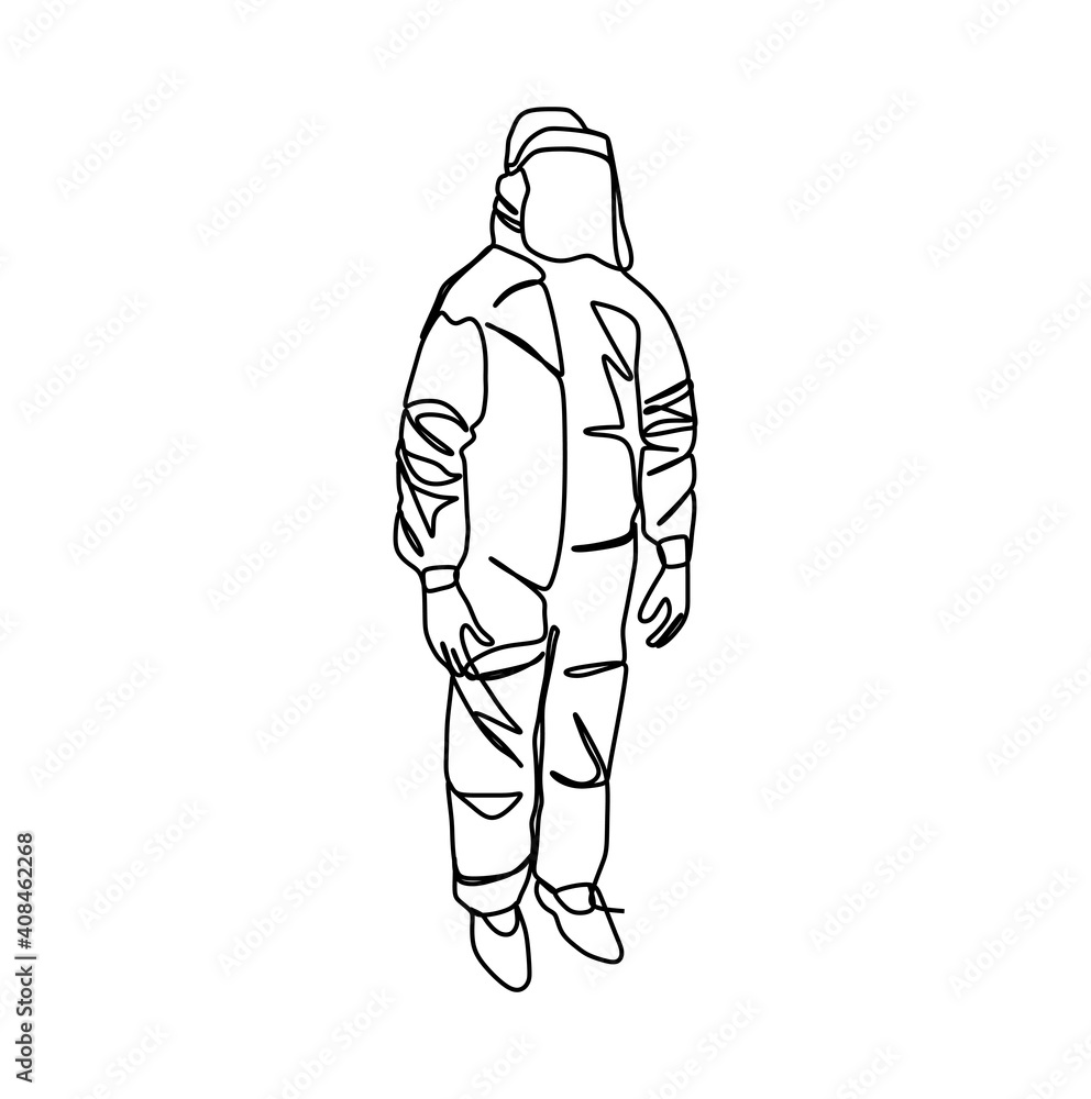 Man in cover all protective suite prevent from virus infection. Continuous one line drawing design for health concept Man in cover all protective suite prevent from virus infection. Continuous one line drawing design for health concept