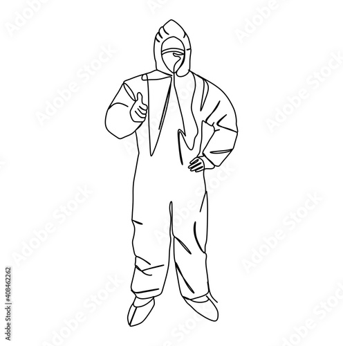 Man in protective cover all suite to prevent from virus infection. Continuous one line drawing 