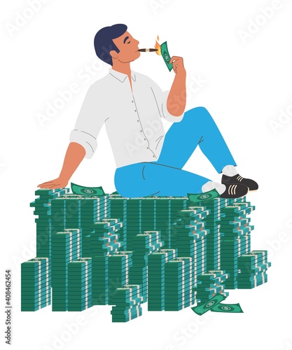 Rich man sitting on cash money stack and setting fire to dollar bill, flat vector illustration. Wealthy businessman, successful millionaire. Financial success, wealth. photo