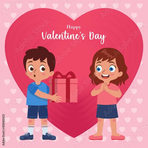 a boy gives a gift box to a girl for Valentine's Day with a pink background
