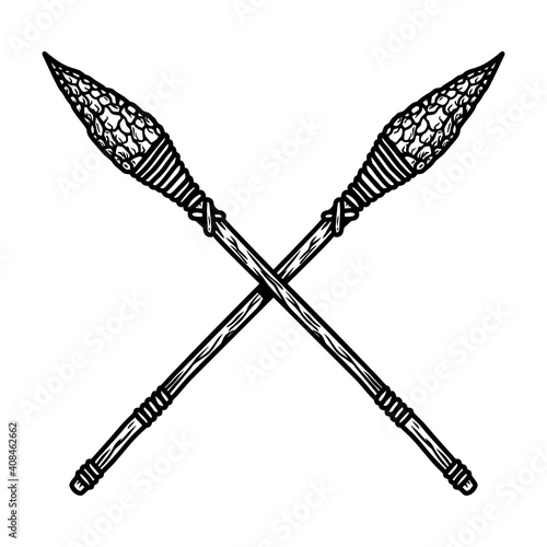 Illustration of Caveman stone lance in engraving style. Design element for poster, card, banner, sign. Vector illustration