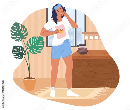 Sleepy woman waking up in the morning, flat vector illustration. Tired and sad girl with cup of coffee.